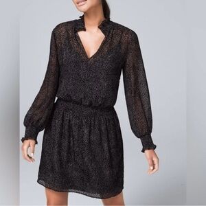 WHBM Black Velvet Dot Long Sleeve Blouson Dress